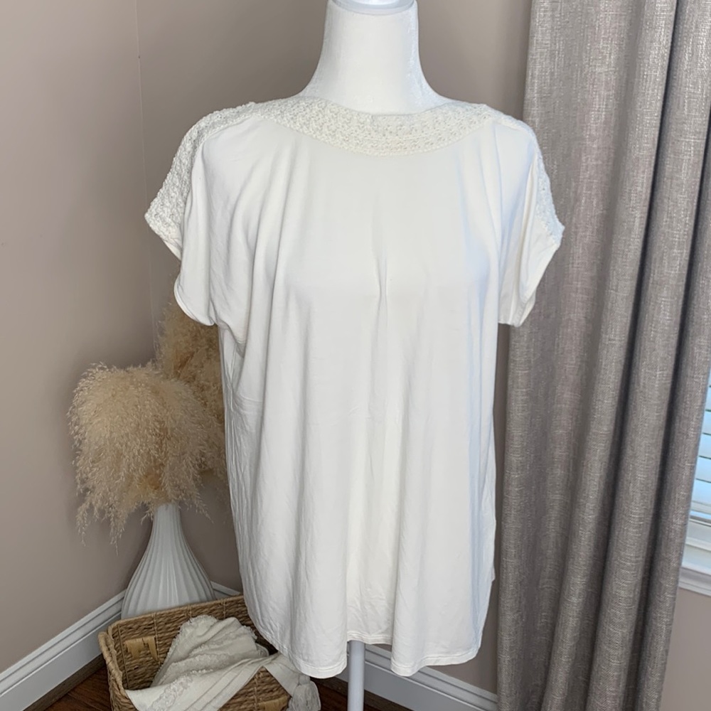 J Jill Cap Sleeve Crochet Detail Cream Ivory Boatneck Boxy Top